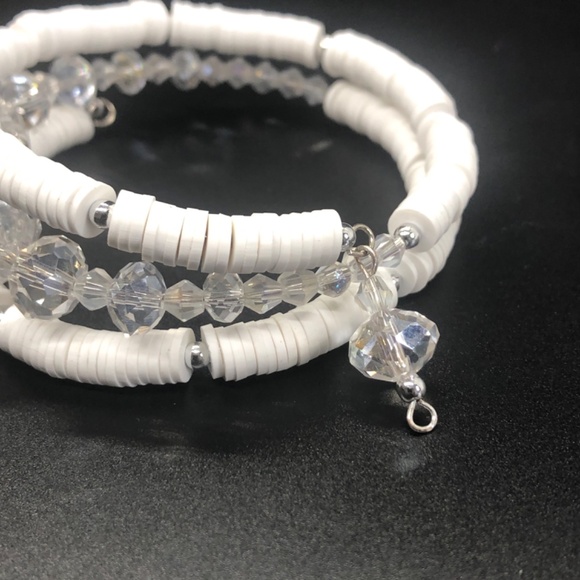 Hand Crafted Multi Clay Beads & Clear Crystals Coil Memory Wire Strand Bracelet - Picture 8 of 14